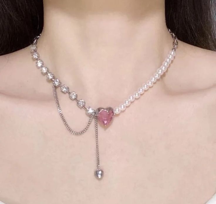 Pink Crystal Pearl Heart Necklace