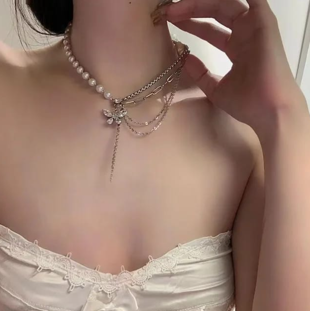 Crystal Butterfly Pearl Necklace
