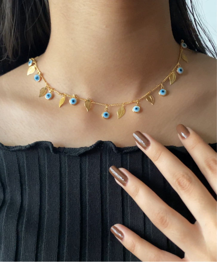 Evil Eye & Leaf Charm Necklace
