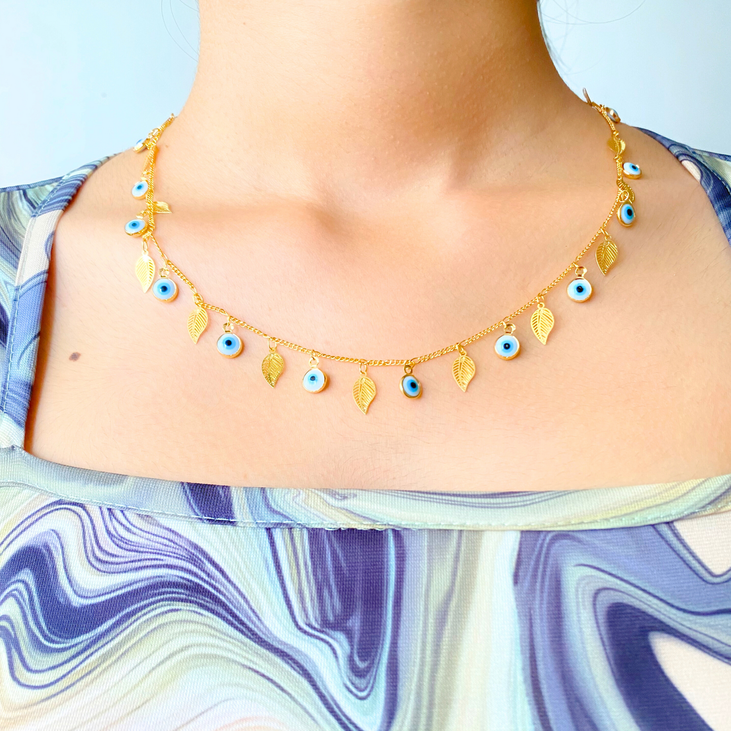 Evil Eye & Leaf Charm Necklace