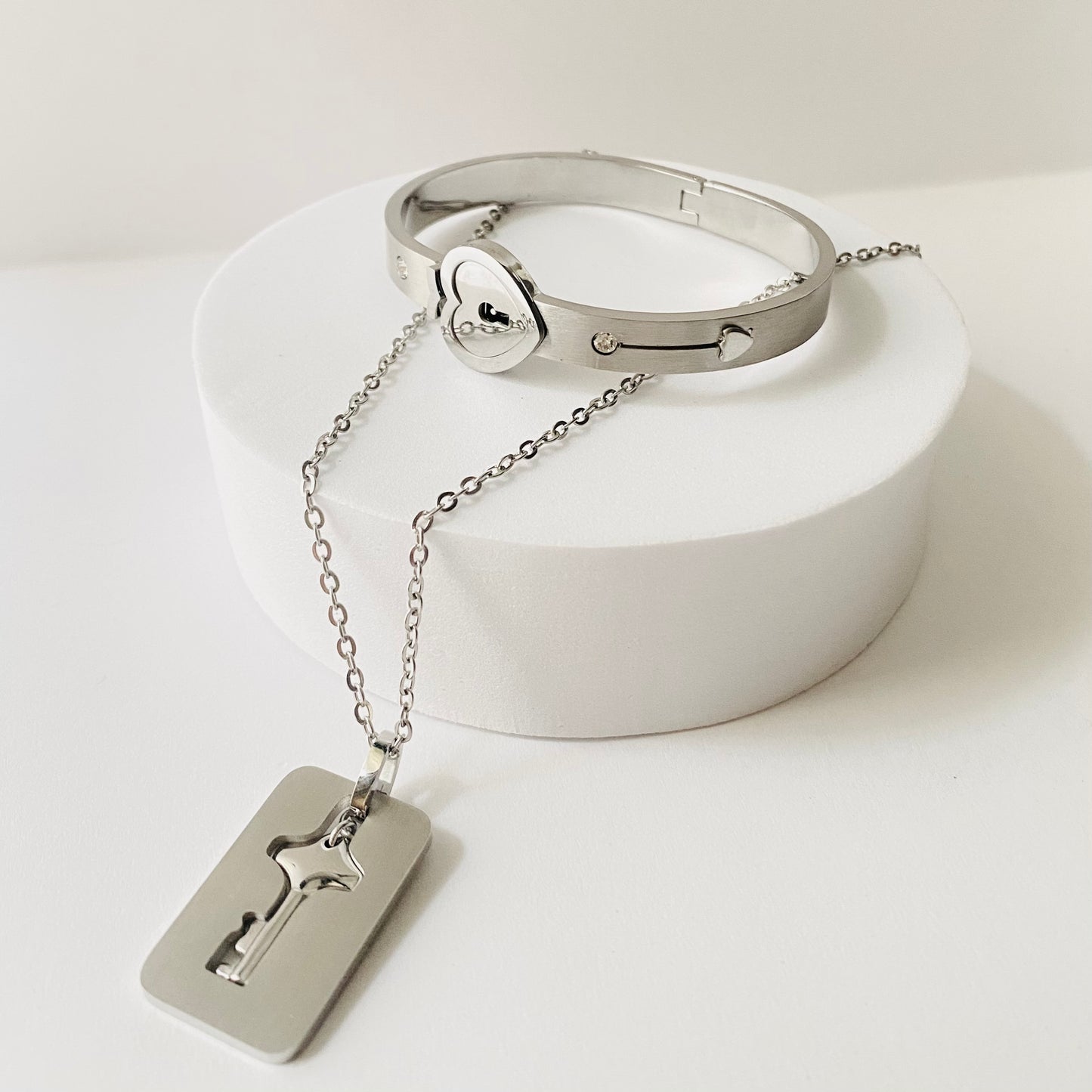 Couple Heart Lock & Key Silver Anti-Tarnish Bracelet