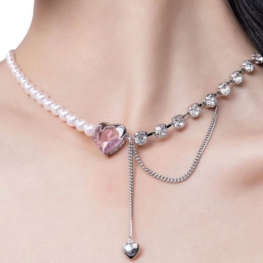 Pink Crystal Pearl Heart Necklace