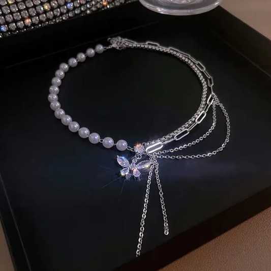 Crystal Butterfly Pearl Necklace