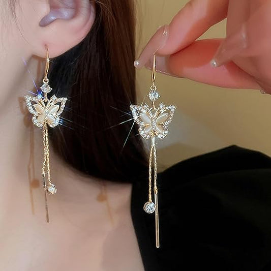 Diamond Butterfly Long Chain Earring